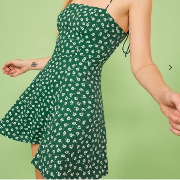 Reformation Green Floral Sarah Chive Spaghetti Strap Mini Sundress Sz 10 - Picture 11 of 11